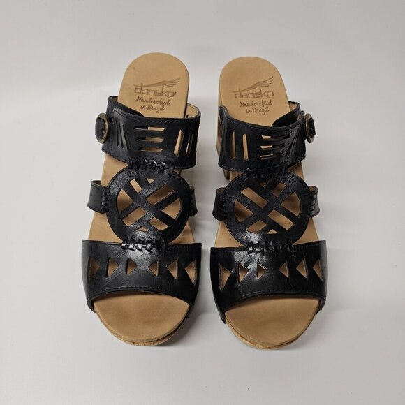 Dankso Oralee Black Leather Cut Out Wood Platform Sandals Boho Chic 39/8.5-9 - Picture 2 of 11